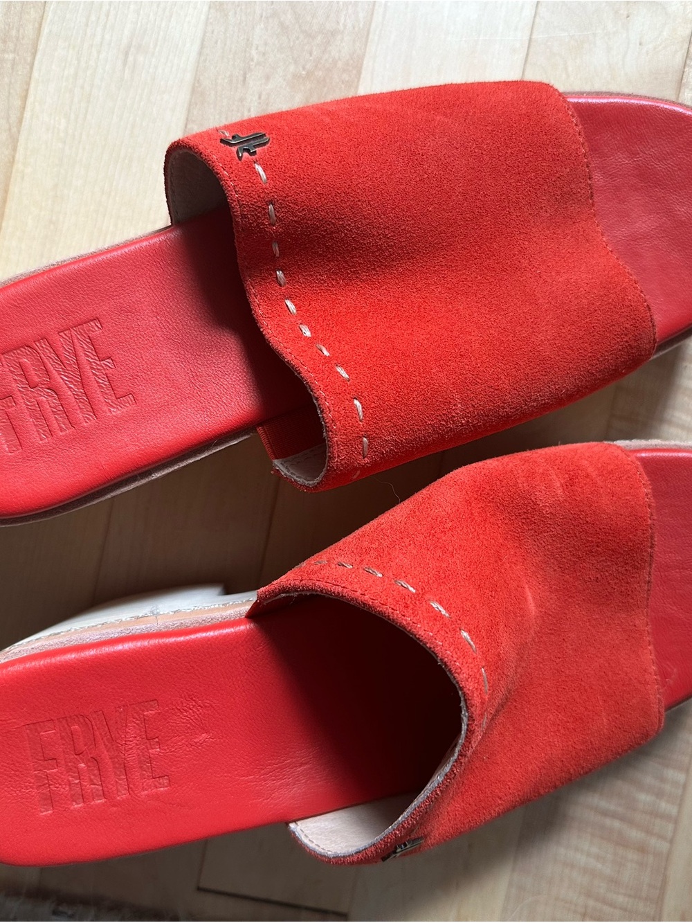 FRYE Red Suede Slide Mules